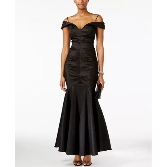 Xscape Off the Shoulder Cap Sleeve Stretch Taffeta Dress Size 2 Black Formal - Picture 12 of 12